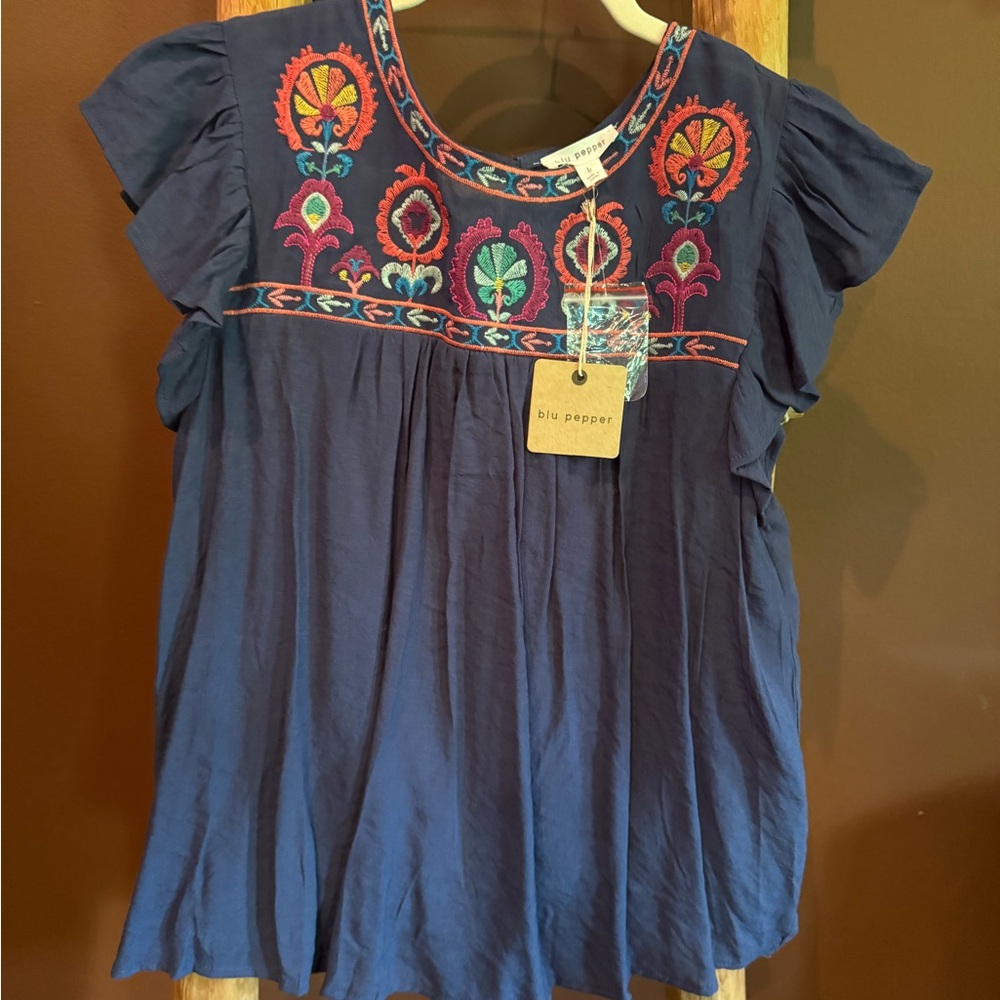Blu Pepper Women's Blue Embroidered Top NWT. SOLD